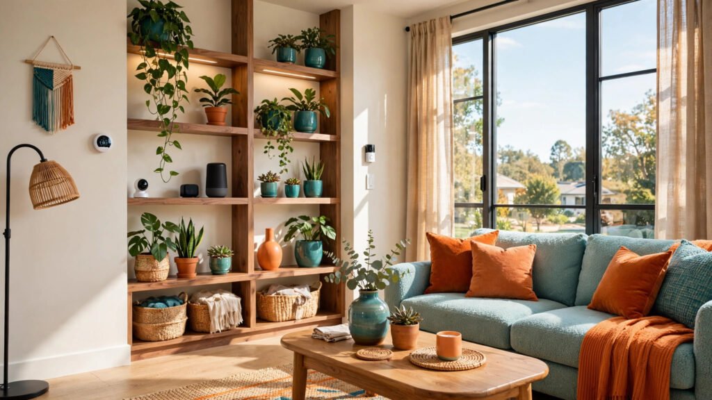 Bright living room with smart home devices and teal and orange accents