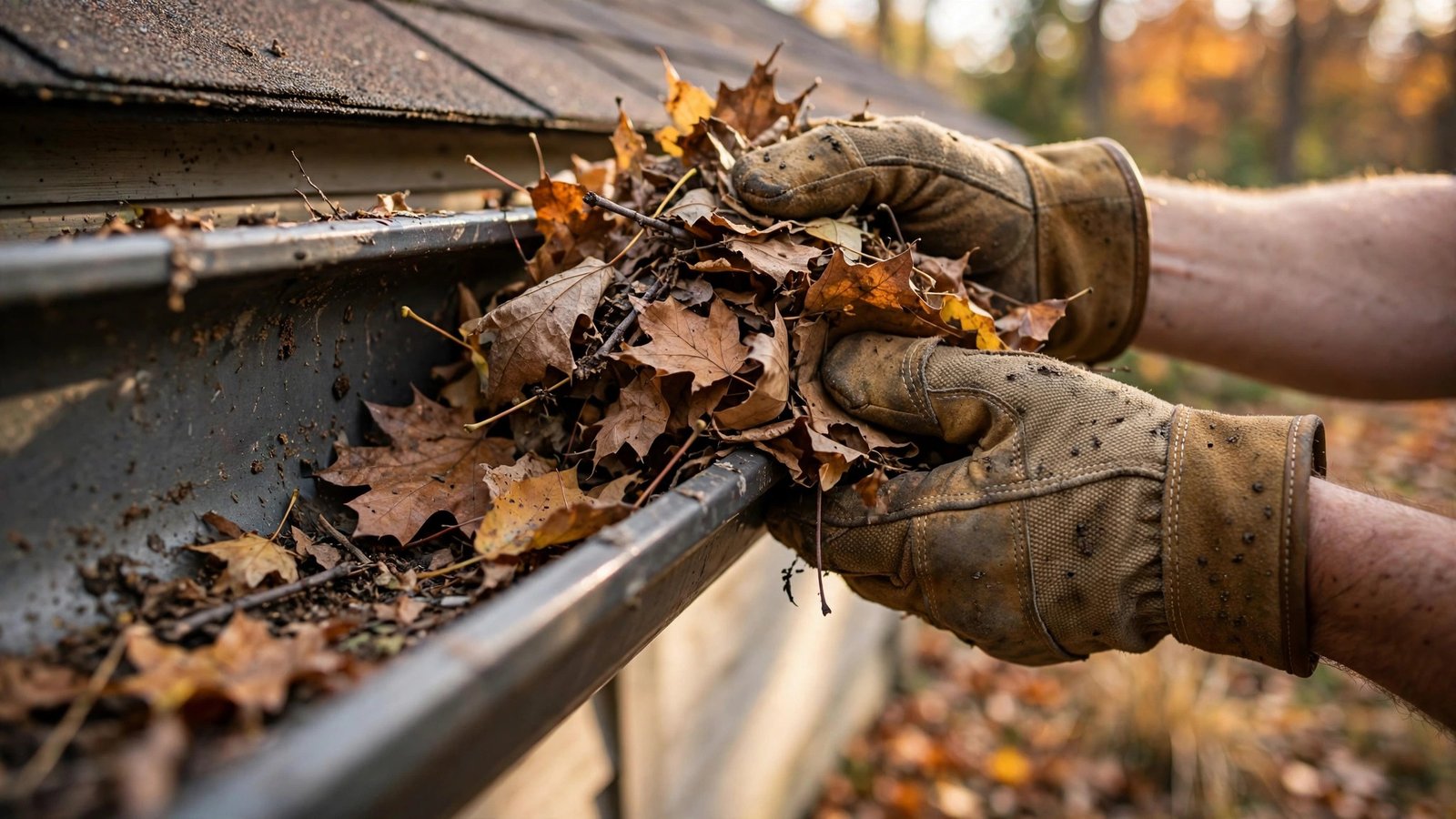 Gloved hands scooping dry autumn leaves out of a house gutter