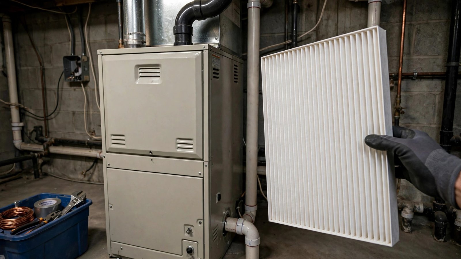 Home furnace with a gloved hand holding a new pleated air filter beside it