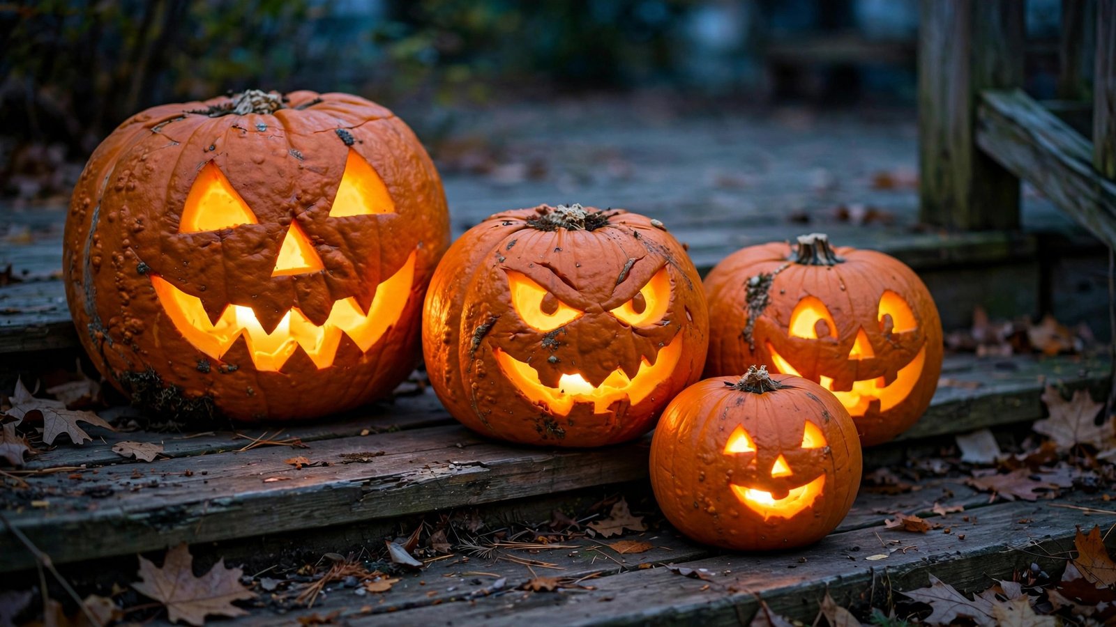 Four glowing carved jack-o'-lantern pumpkins lined up on wooden porch steps at dusk