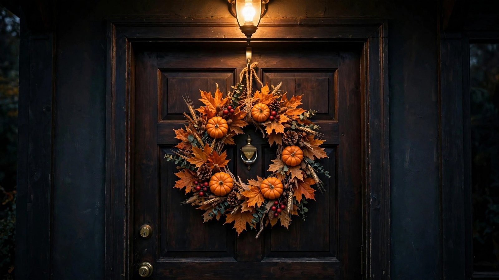 Handmade autumn wreath with orange leaves and mini pumpkins hanging on a dark front door under a porch light