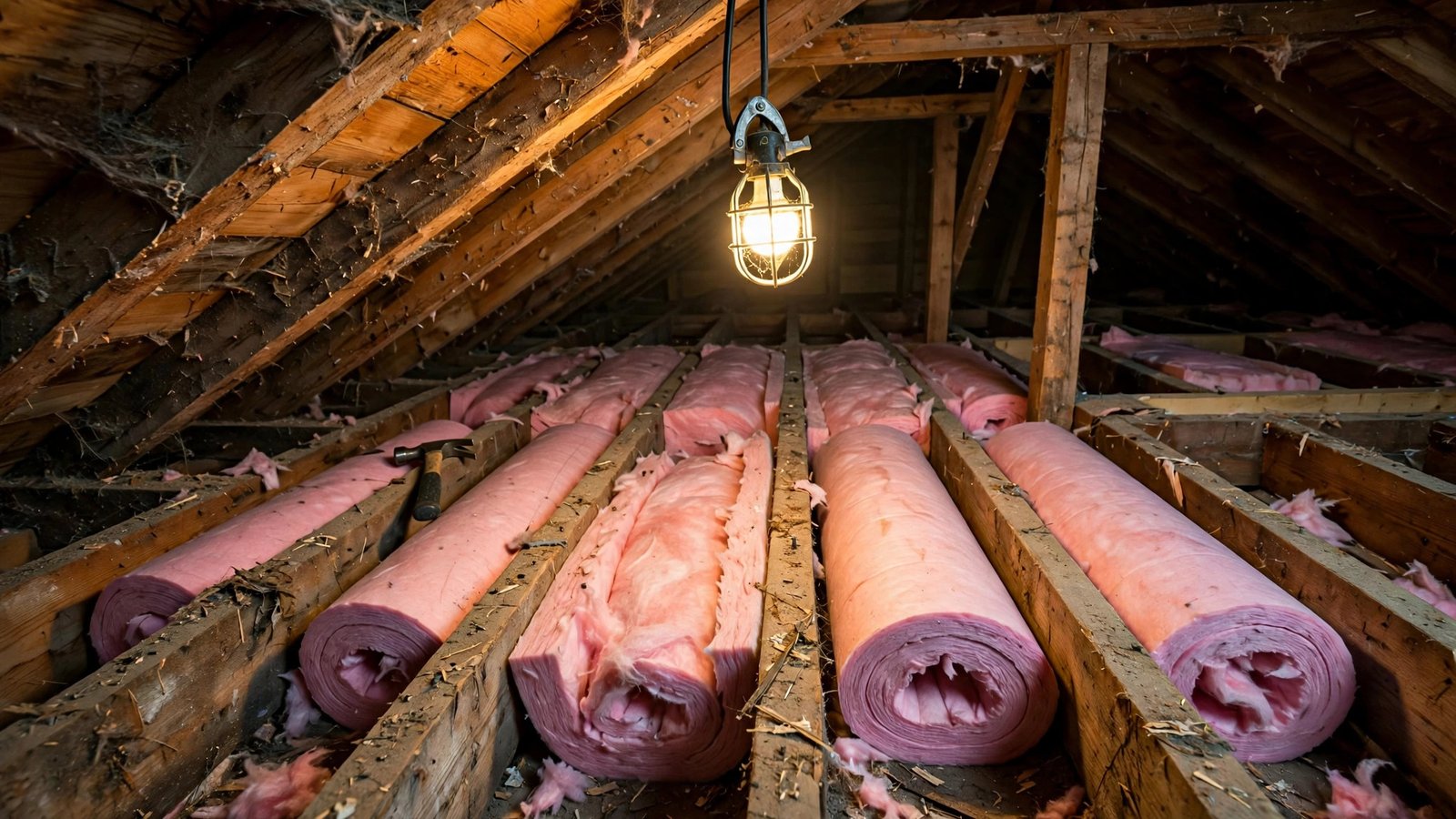 Attic with pink fiberglass insulation rolls between wooden ceiling joists