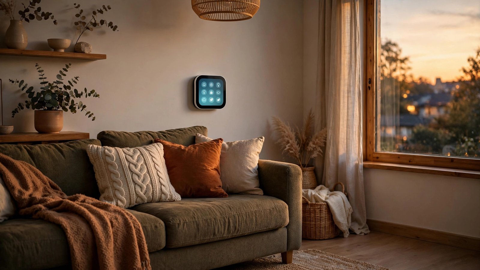Wall-mounted smart home display showing control icons above a sofa in a warm living room