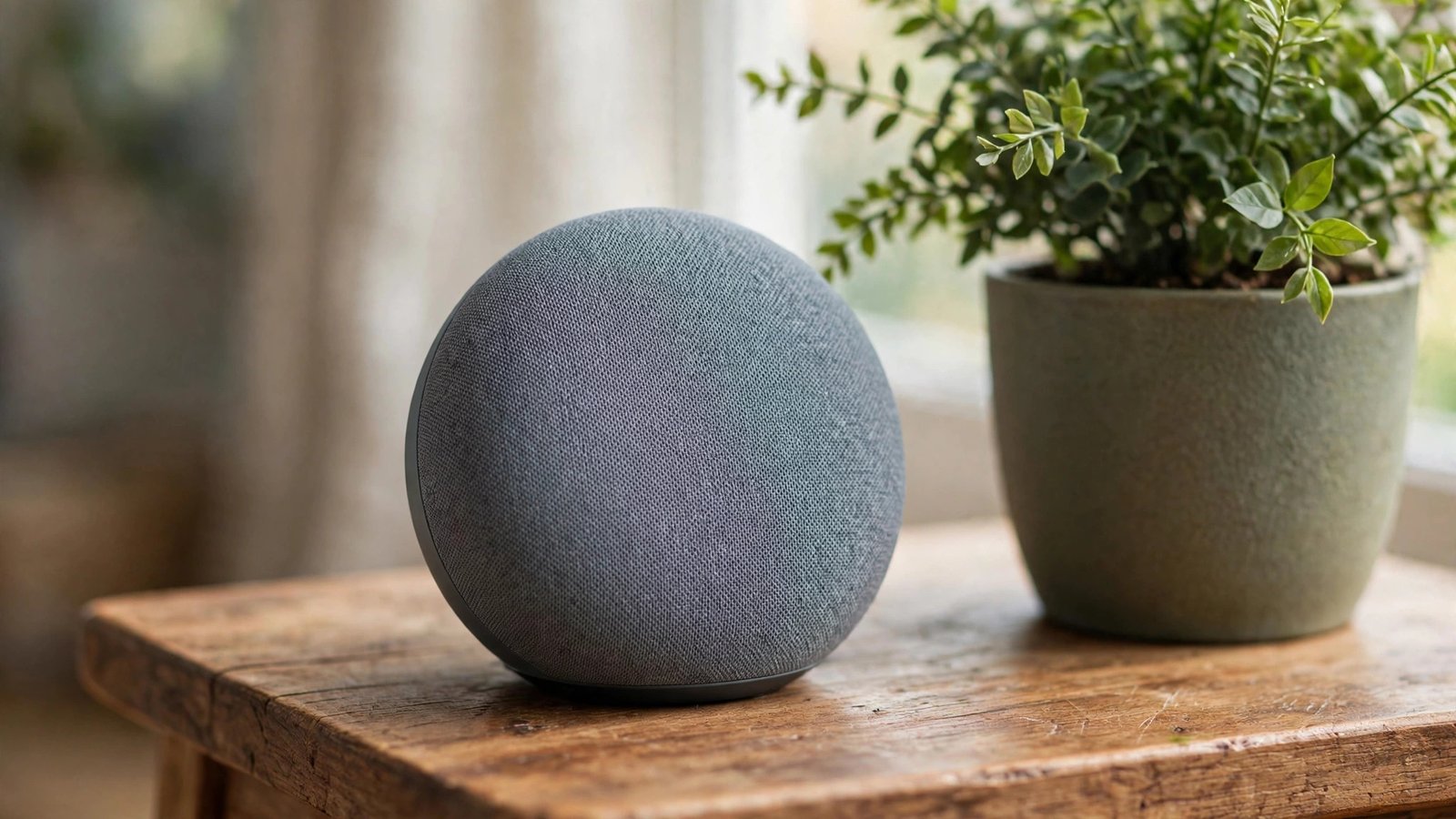 Round fabric smart speaker on a wooden side table next to a potted plant
