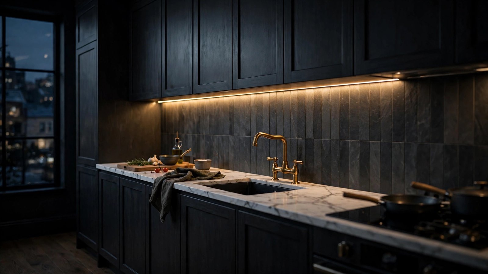 Moody charcoal kitchen cabinets with brass faucet and warm under-cabinet lighting