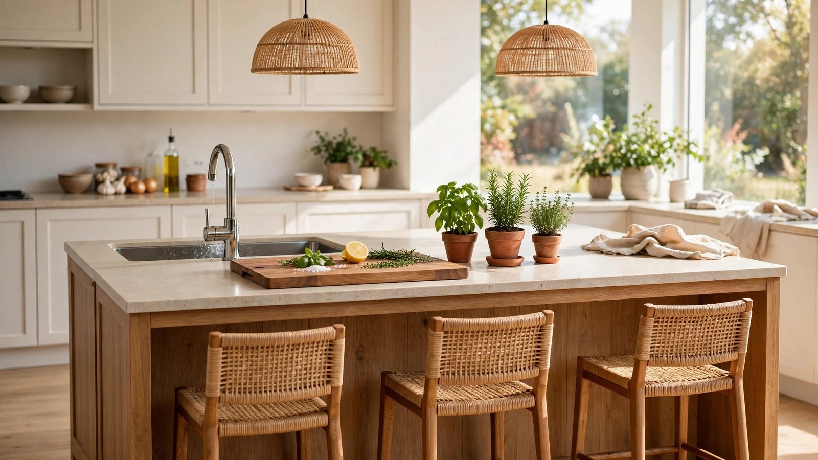 Bright kitchen island workstation with built-in sink, fresh herbs, and wood bar stools
