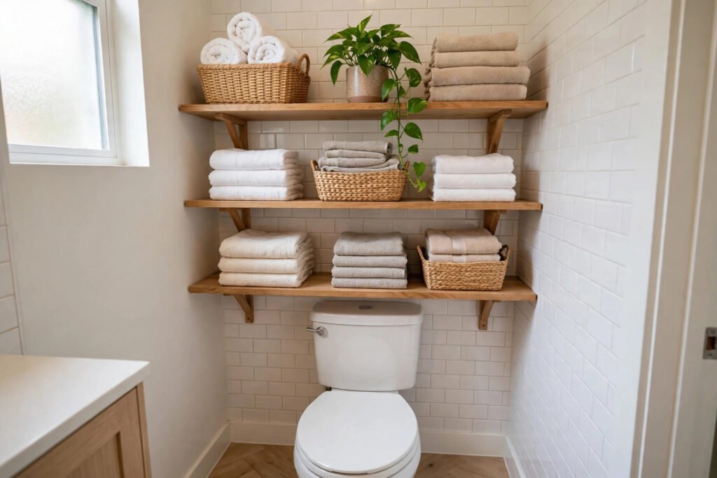 Over-toilet shelving with towels, baskets and a plant in a small bathroom