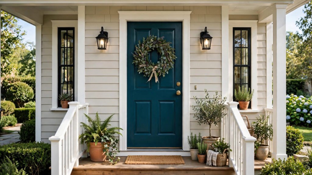 House front door painted in deep teal with a welcoming porch