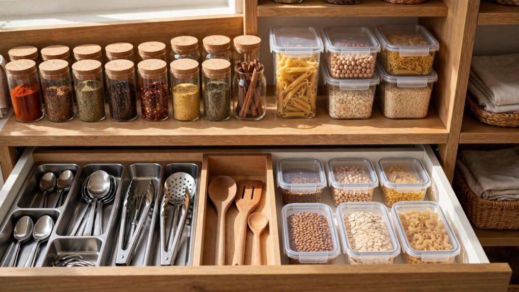 Organized kitchen drawers and shelves with jars and utensils